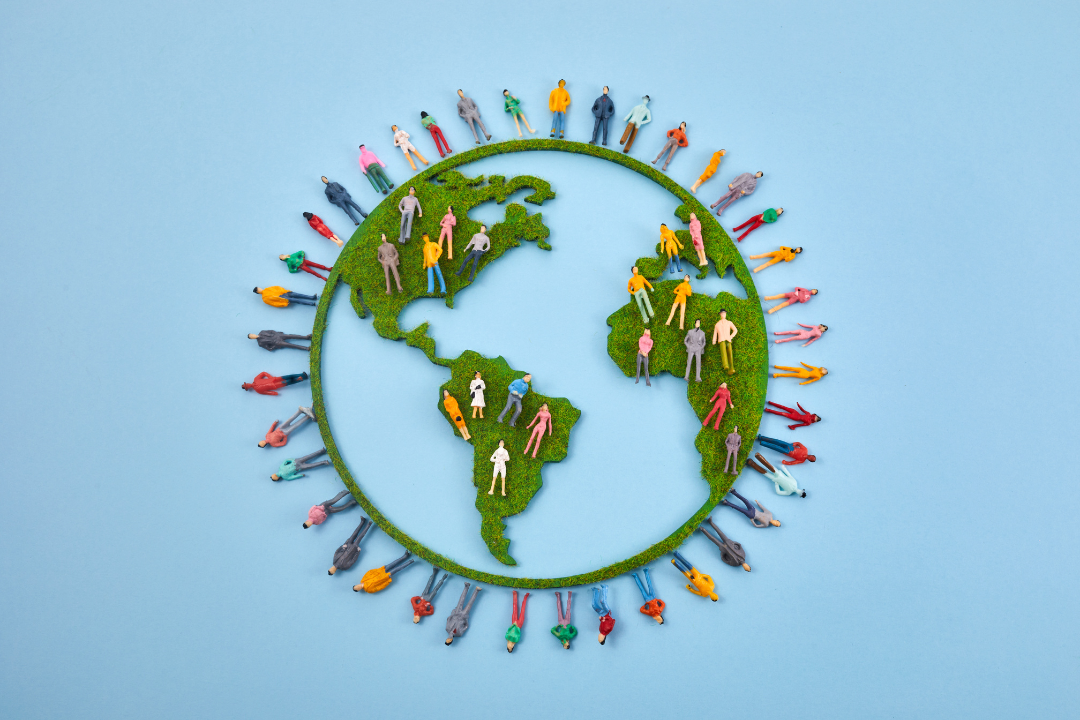 Animated picture of the Earth with diverse clay people around it and inside it.
