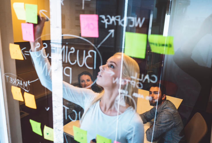 Blonde boss women strategizing with team